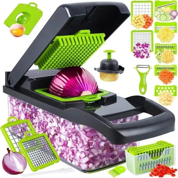 16-in-1 Multifunction Vegetable Slicer & Chopper with Basket – Fruit, Potato & Carrot Grater